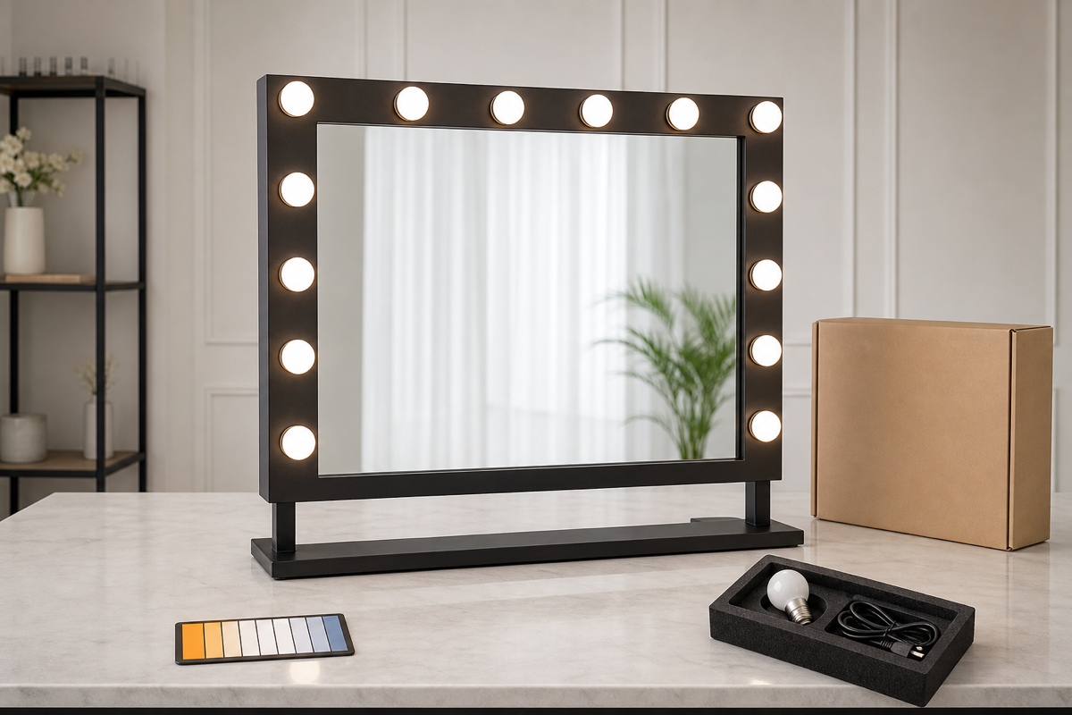 Complete Hollywood vanity mirror with LED bulbs spare parts and sample carton for buyer evaluation
