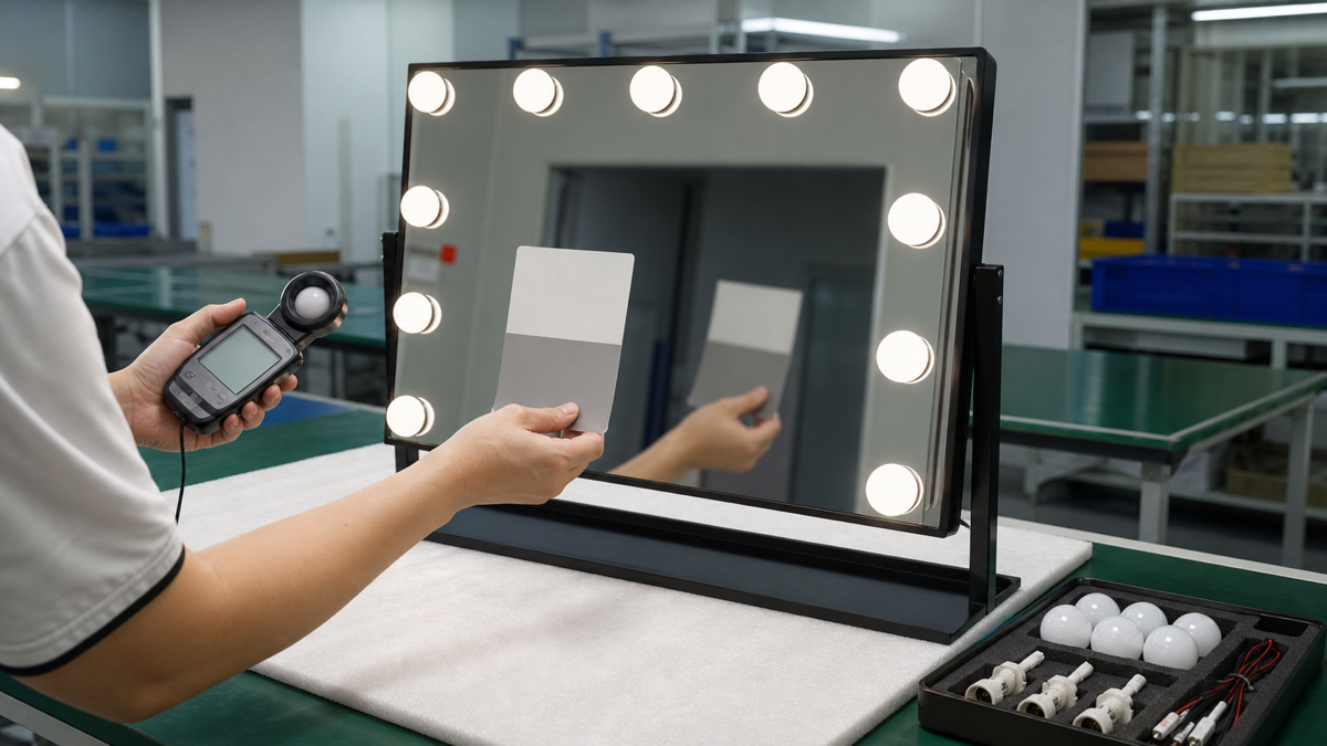 Hollywood vanity mirror lighting QC with light meter color card and replacement bulb samples