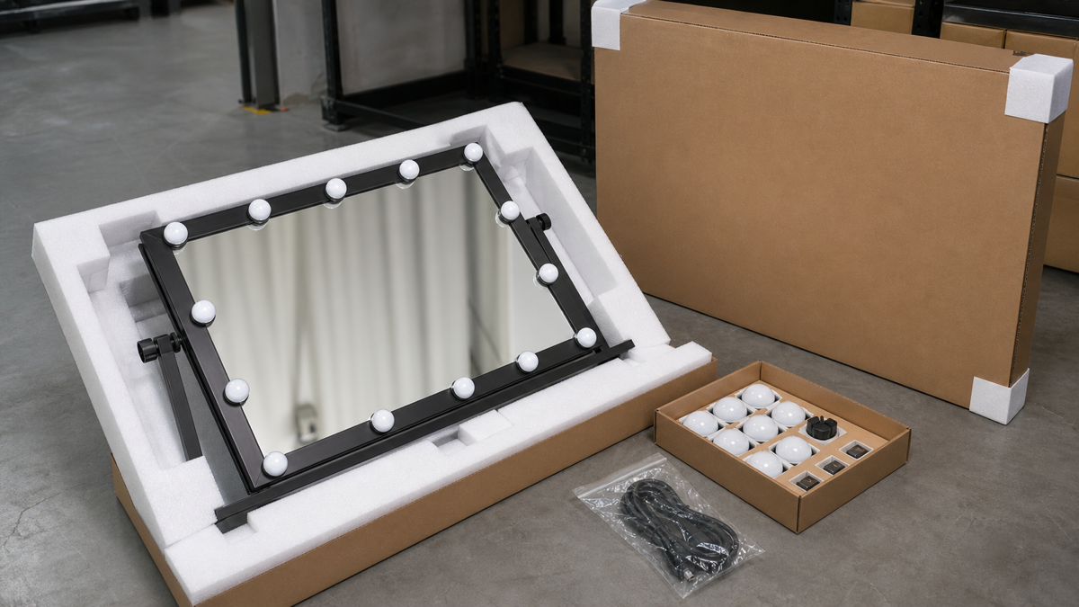 Hollywood vanity mirror packed in protective foam with blank export carton and spare parts kit