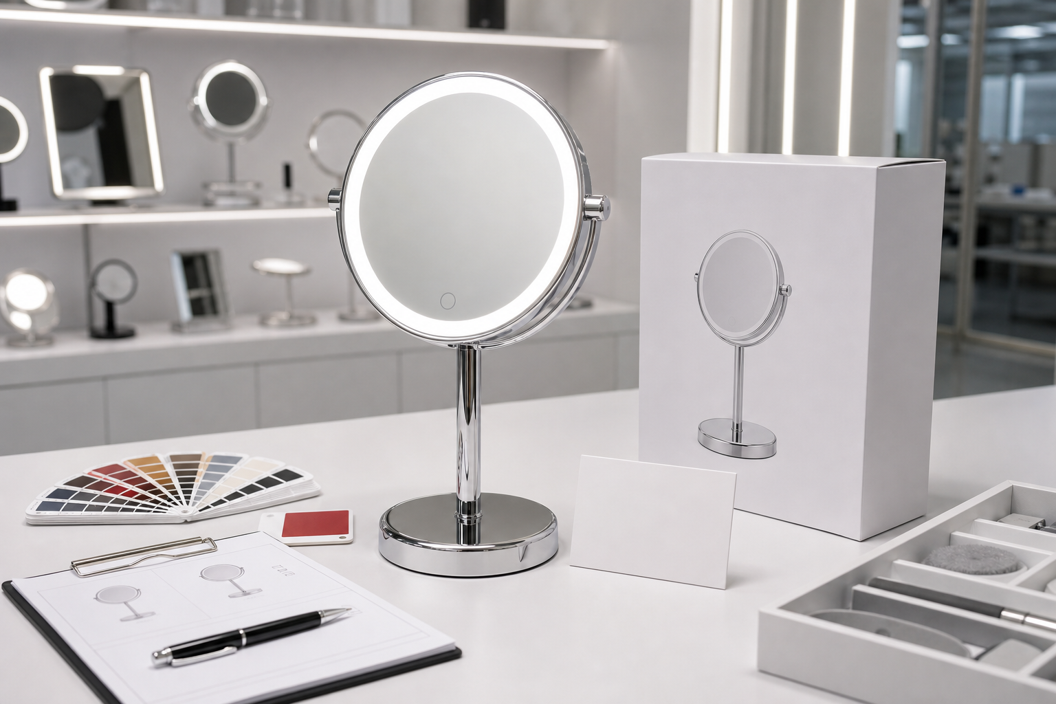 Private label LED makeup mirror sample review with blank retail packaging