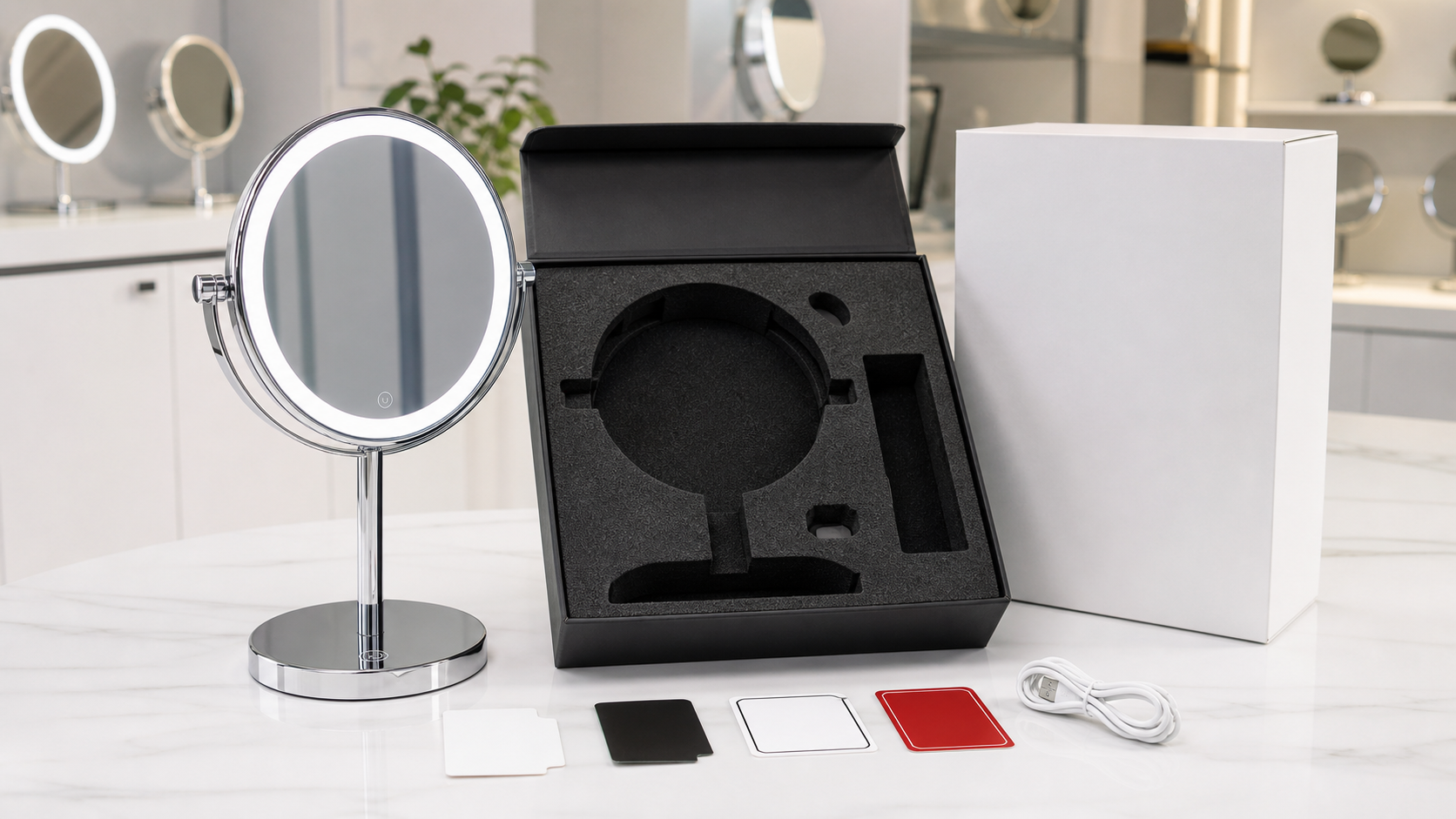 Private label LED makeup mirror packaging approval with blank gift box and foam insert
