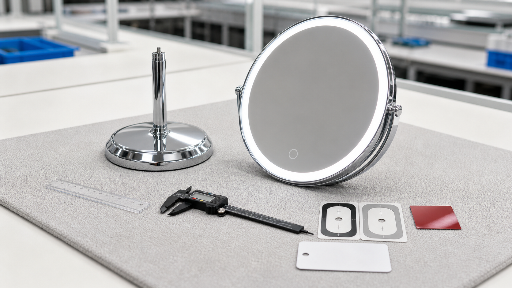 LED makeup mirror logo placement QC with measurement tools and sample templates