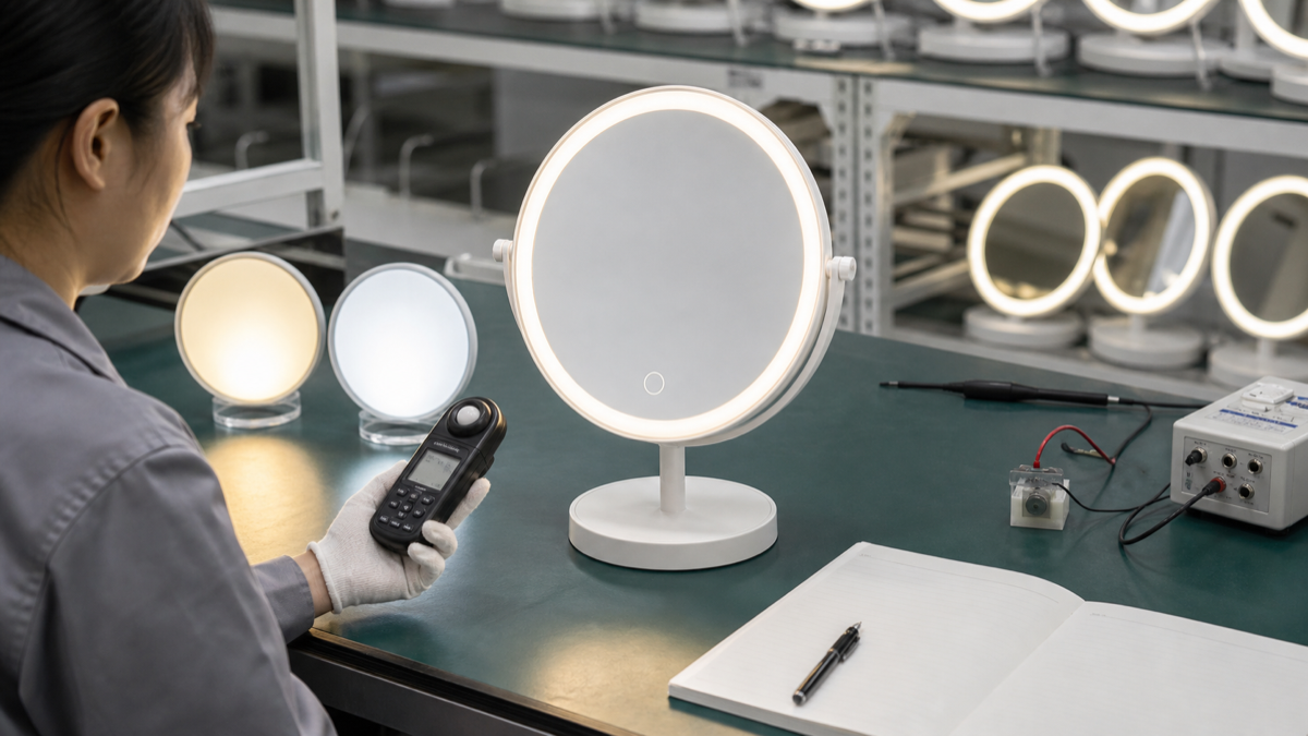 LED makeup mirror CCT, CRI, and dimming test with inspection meter
