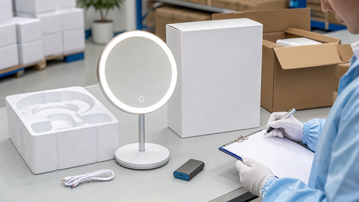 Rechargeable LED makeup mirror packaging and battery QC before shipment