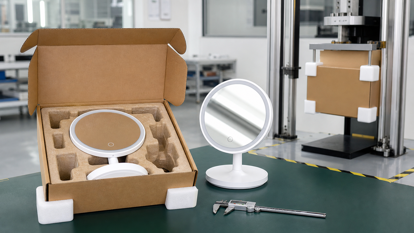 LED makeup mirror packaging drop test and molded tray QC scene