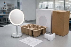 Rechargeable LED makeup mirror packaging with molded tray and export carton
