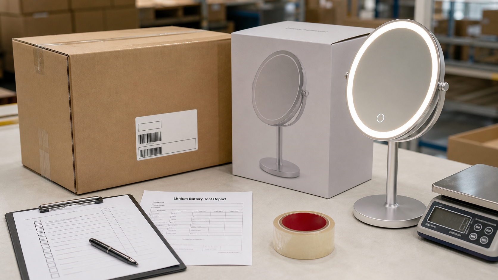 Rechargeable LED makeup mirror shipping label and lithium battery document check