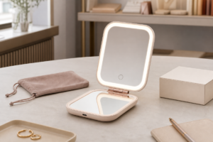 Foldable travel LED makeup mirror with pouch and retail packaging for assortment planning