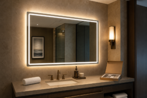 Complete front-lit and backlit LED bathroom mirror in a modern hotel vanity scene