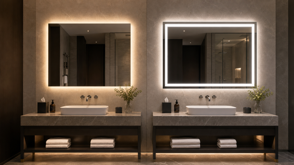 Backlit and front-lit LED bathroom mirrors compared in a hotel bathroom showroom