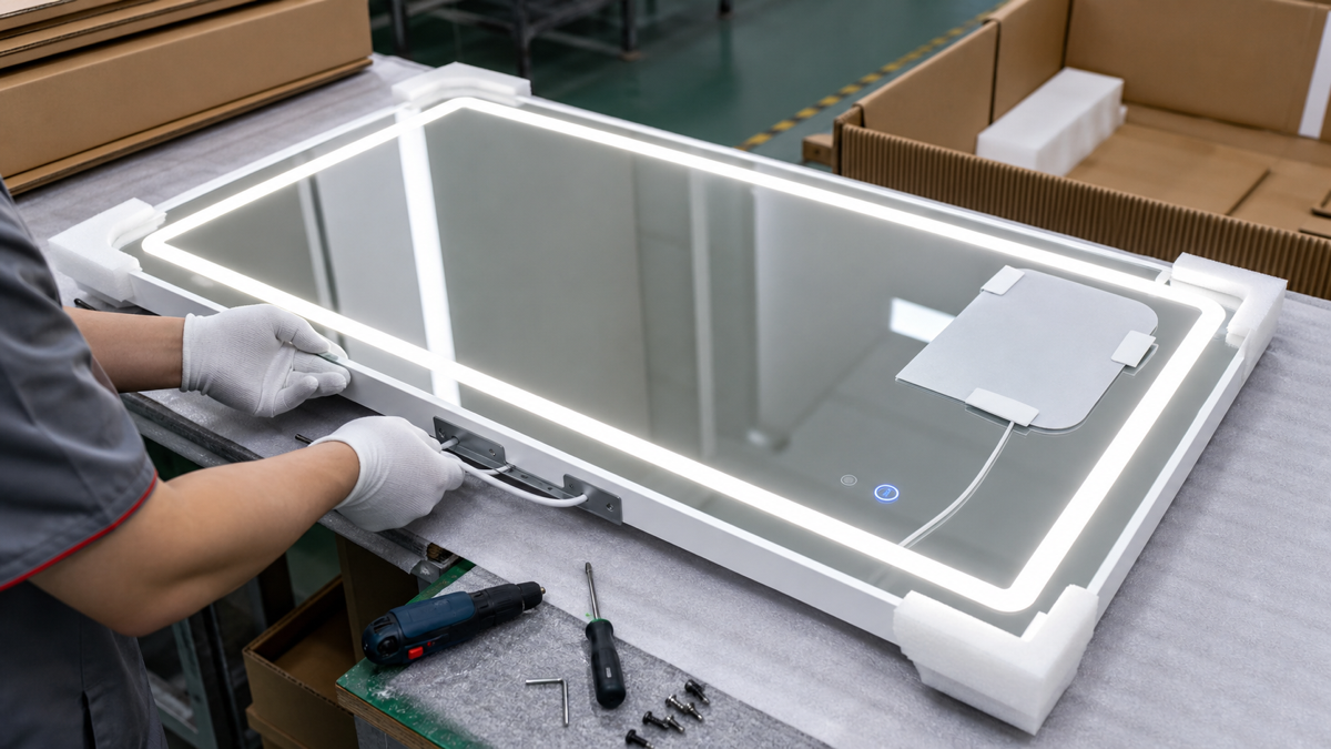 LED bathroom mirror wiring, bracket, anti-fog pad, and packaging QC before project shipment