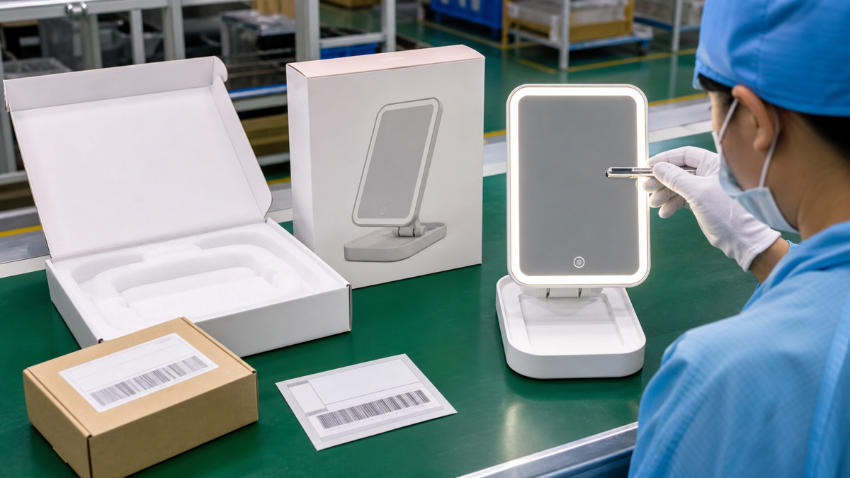 Foldable LED makeup mirror packaging and QC inspection