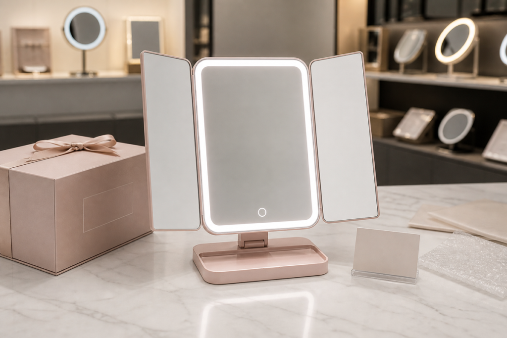 Complete foldable rechargeable LED makeup mirror with retail gift packaging for buyer review