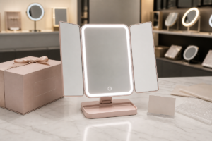 Complete foldable rechargeable LED makeup mirror with retail gift packaging for buyer review