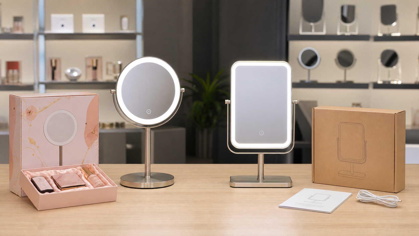Round and rectangular LED makeup mirror samples compared for beauty retail and e-commerce packaging channels