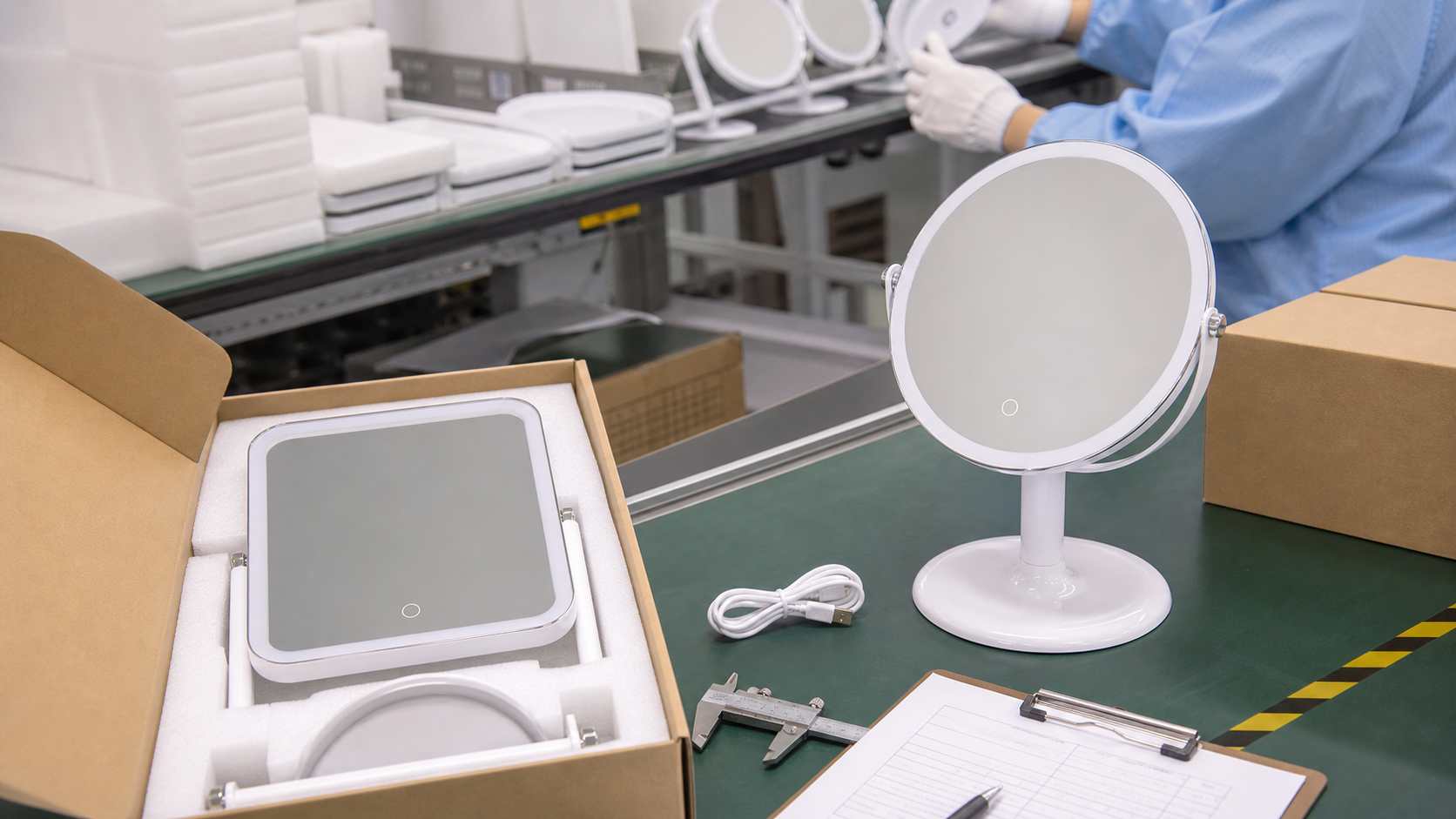 LED makeup mirror packaging and QC scene with round and rectangular samples prepared before bulk shipment