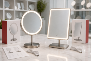 Complete round and rectangular LED tabletop makeup mirror samples prepared for retail assortment review