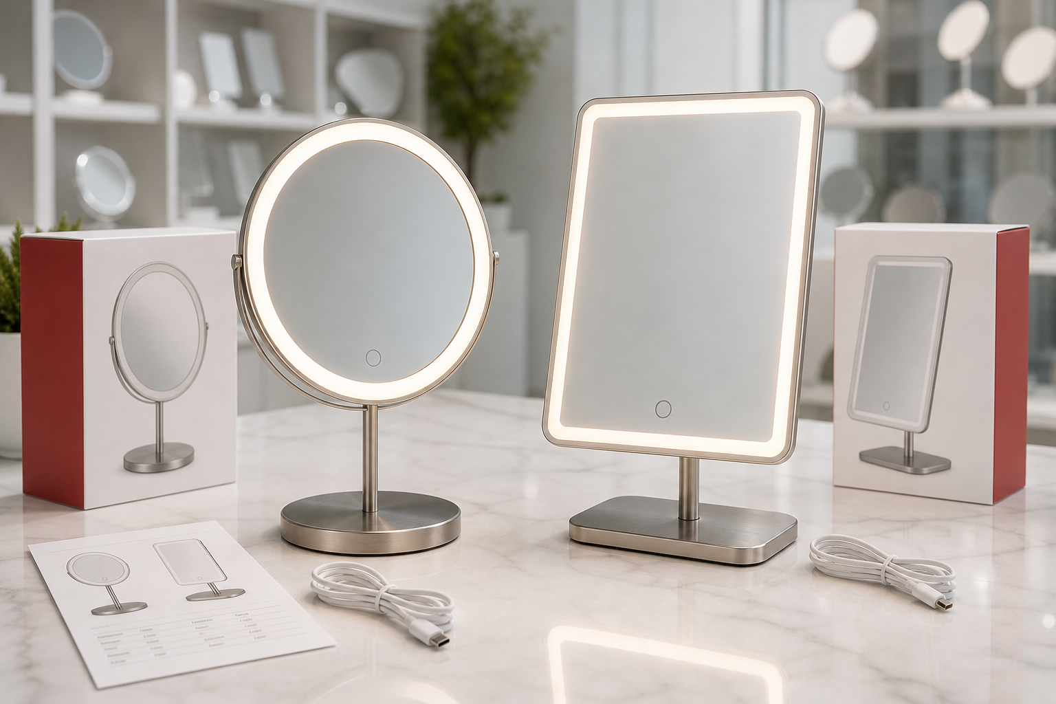 Complete round and rectangular LED tabletop makeup mirror samples prepared for retail assortment review