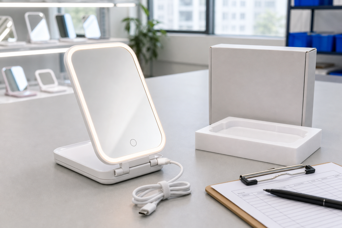 Complete USB-C rechargeable LED travel makeup mirror sample with packaging and QC props