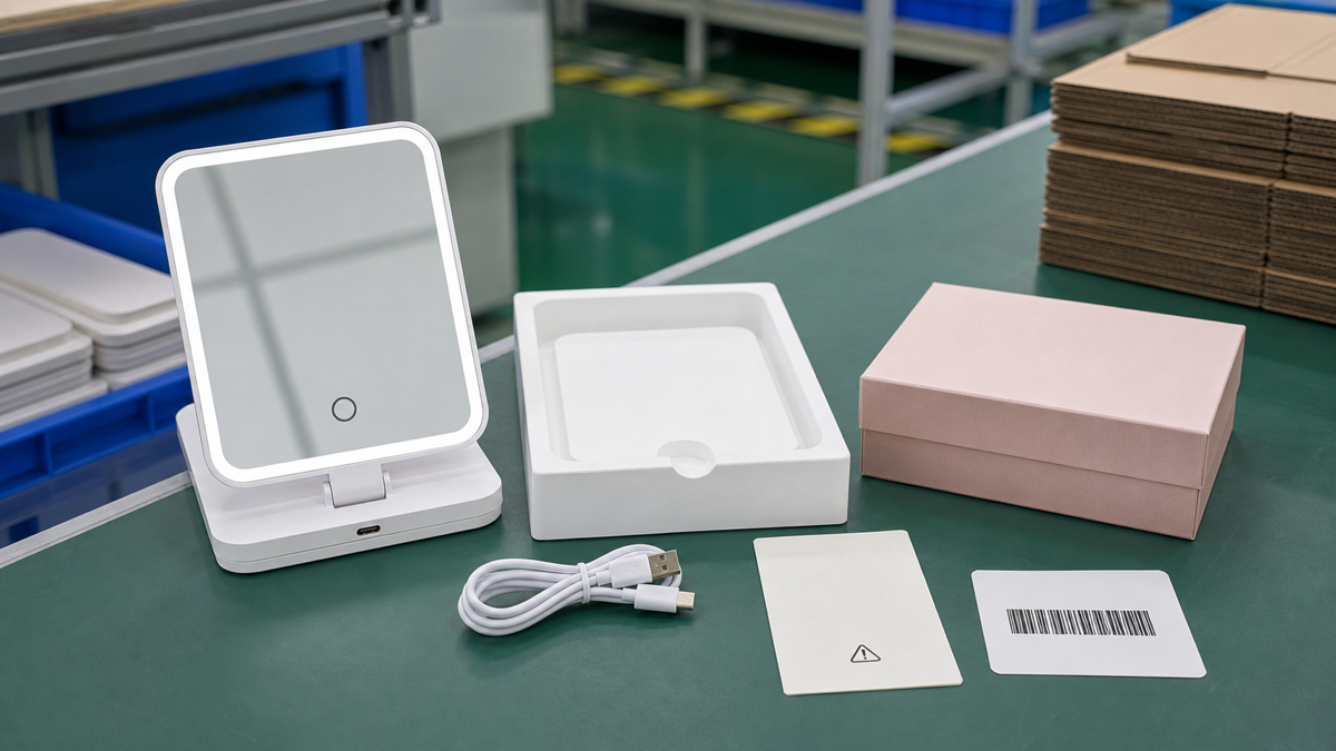 USB-C rechargeable LED travel makeup mirror packaging and QC review before shipment