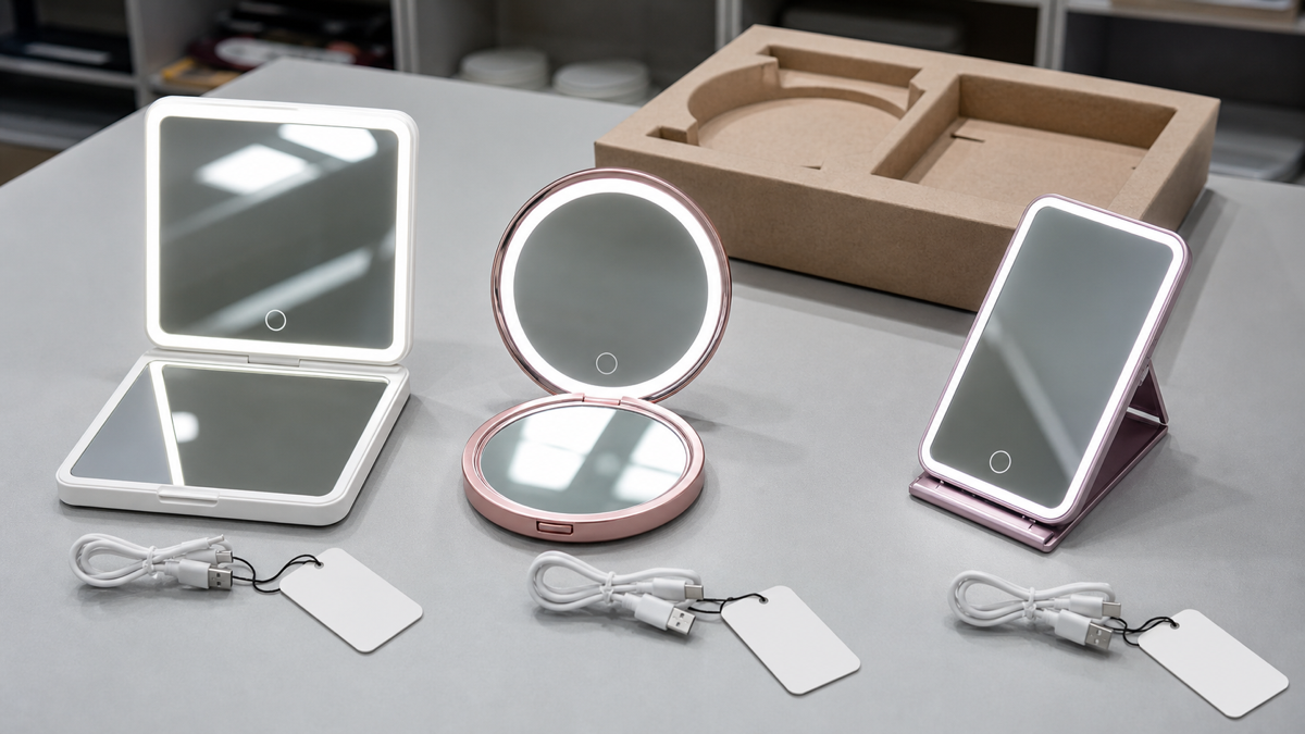 USB-C rechargeable LED travel makeup mirror sample comparison for private label assortment planning