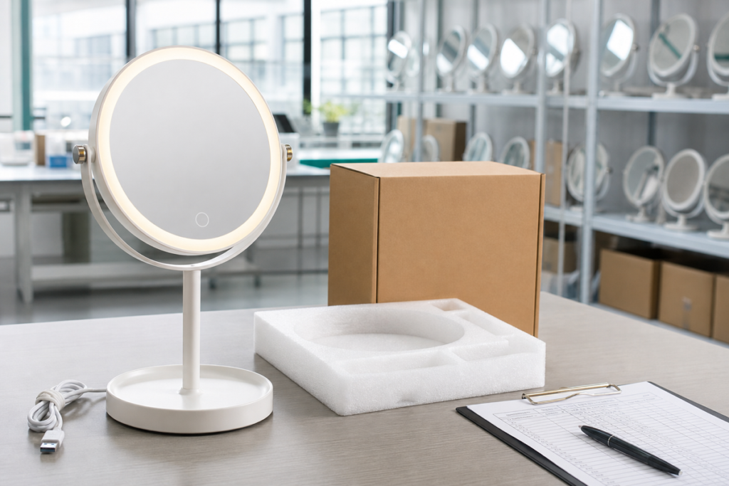 Complete rechargeable LED makeup mirror QC bench with packaging before shipment