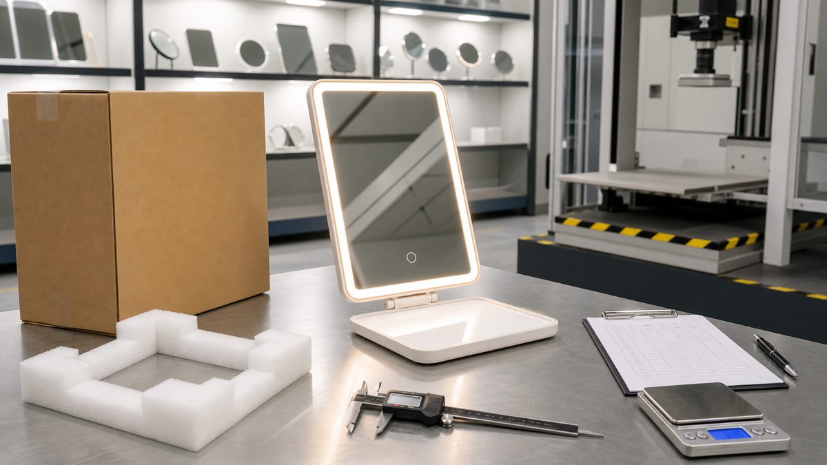 Rechargeable LED makeup mirror transport and drop-test QC preparation