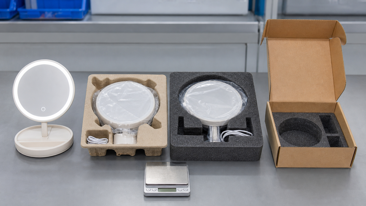 Rechargeable LED makeup mirror packaging insert comparison for molded pulp and foam
