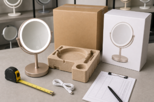 Right-size rechargeable LED makeup mirror packaging with molded insert and shipping carton