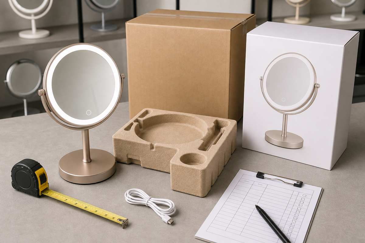 Right-size rechargeable LED makeup mirror packaging with molded insert and shipping carton