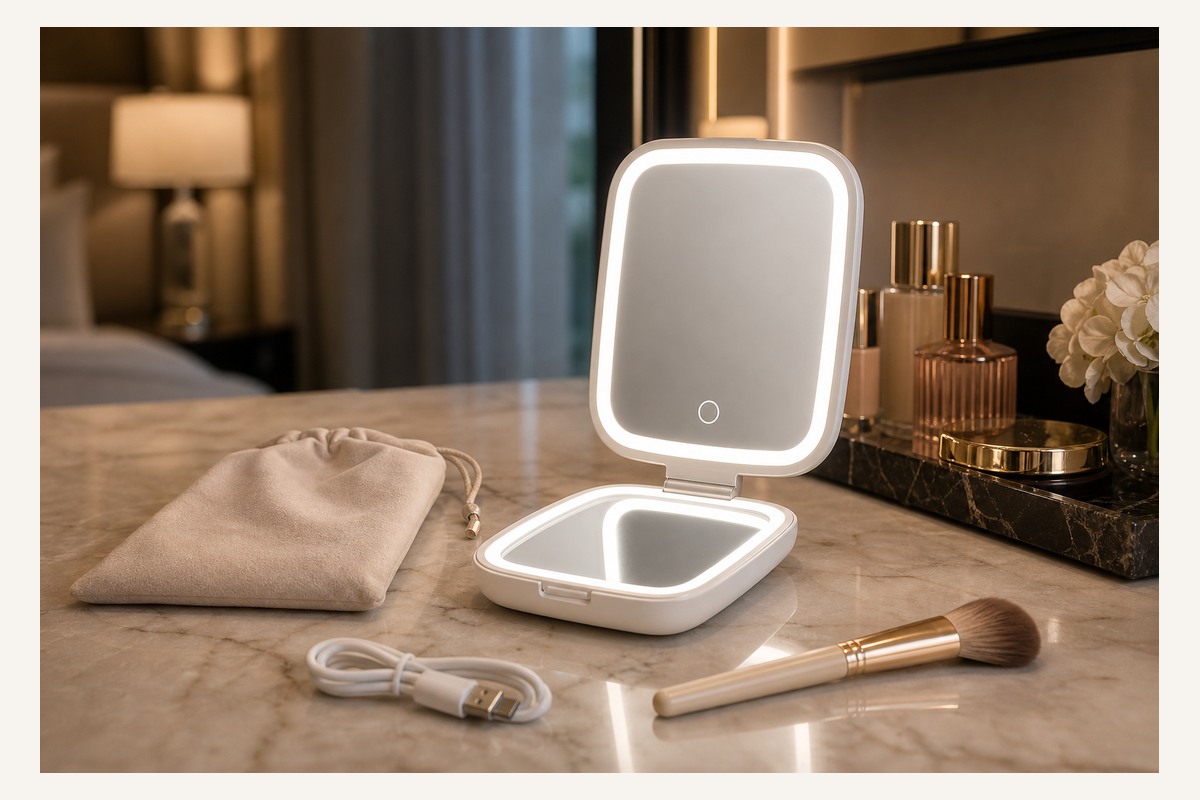 Complete folding LED travel makeup mirror with protective pouch and charging cable