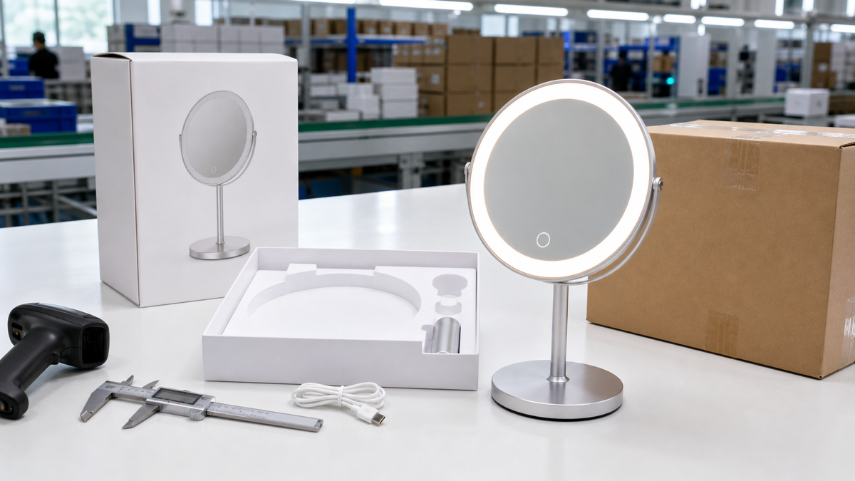Rechargeable LED makeup mirror packaging and pre-shipment QC bench