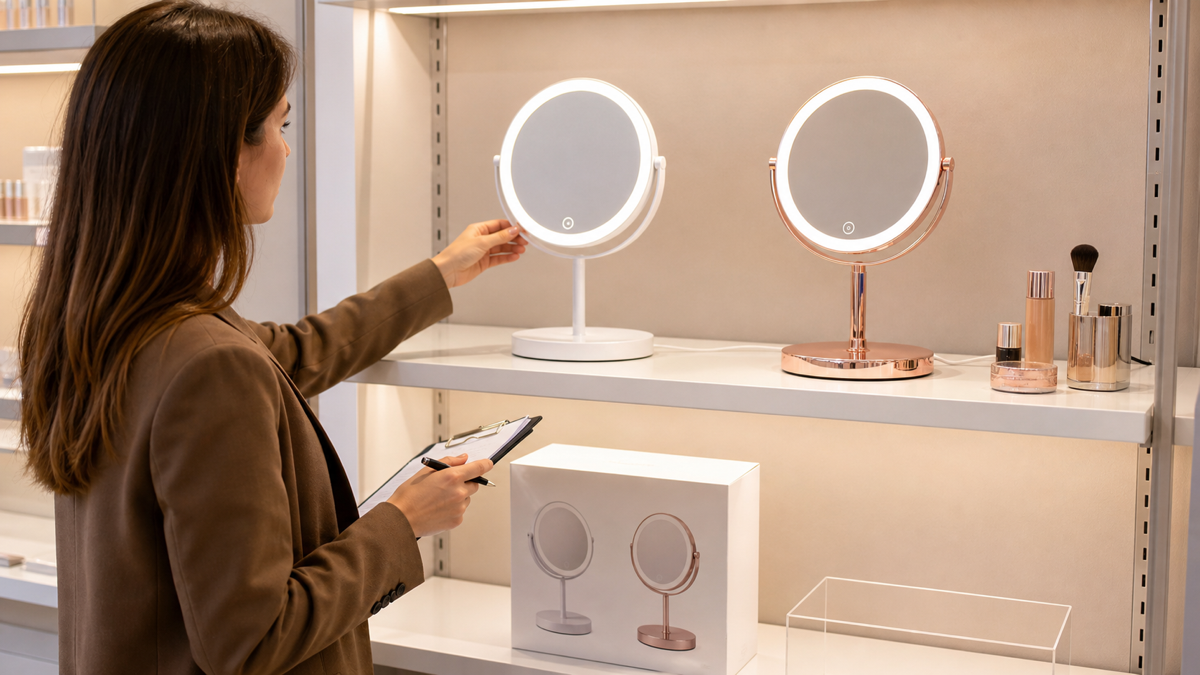 LED makeup mirror retail shelf display planning with complete lighted samples