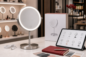 Premium LED makeup mirror retail merchandising and e-commerce planning scene