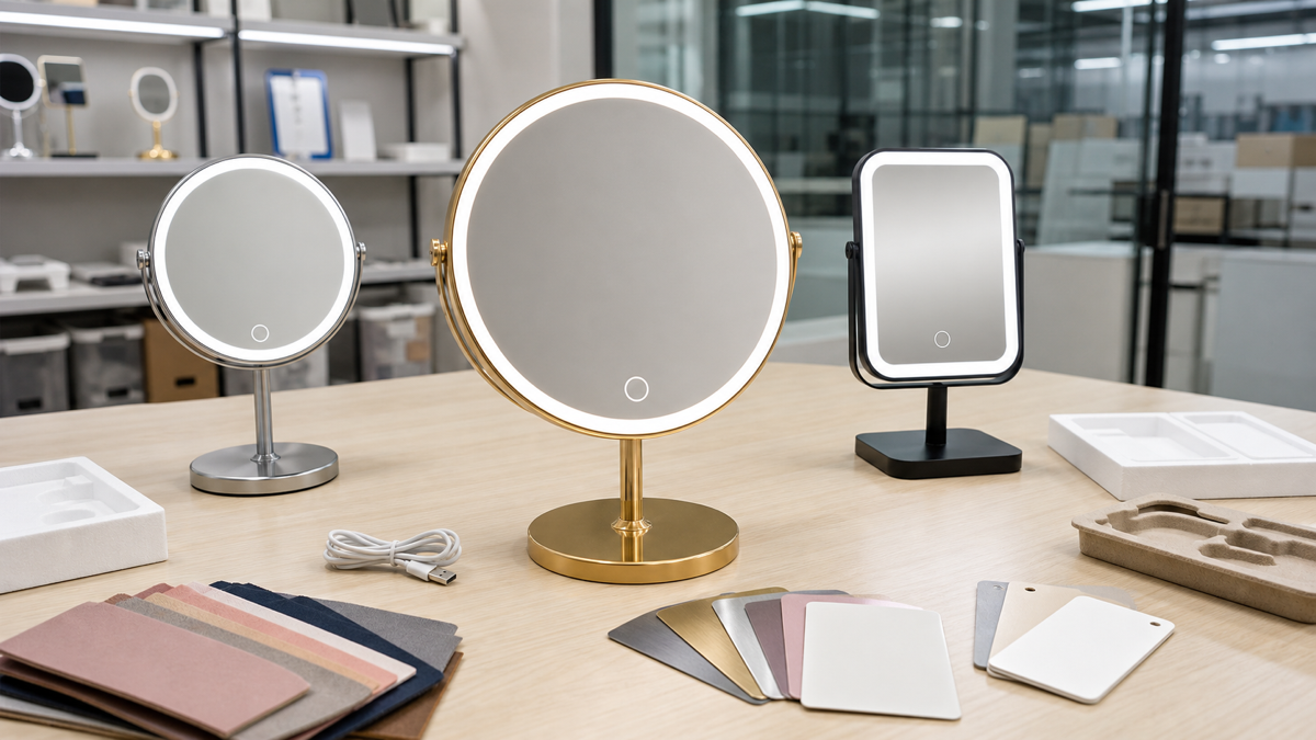 Rechargeable LED makeup mirror sample assortment review with finishes and packaging inserts