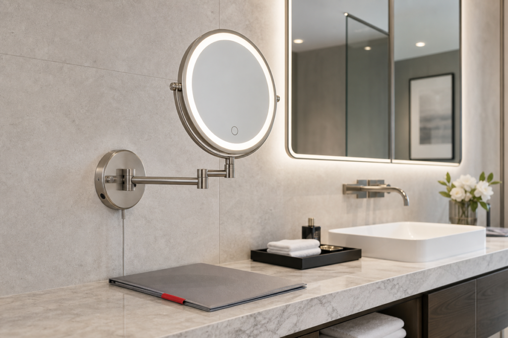 Complete wall-mounted LED makeup mirror in a hotel bathroom vanity project