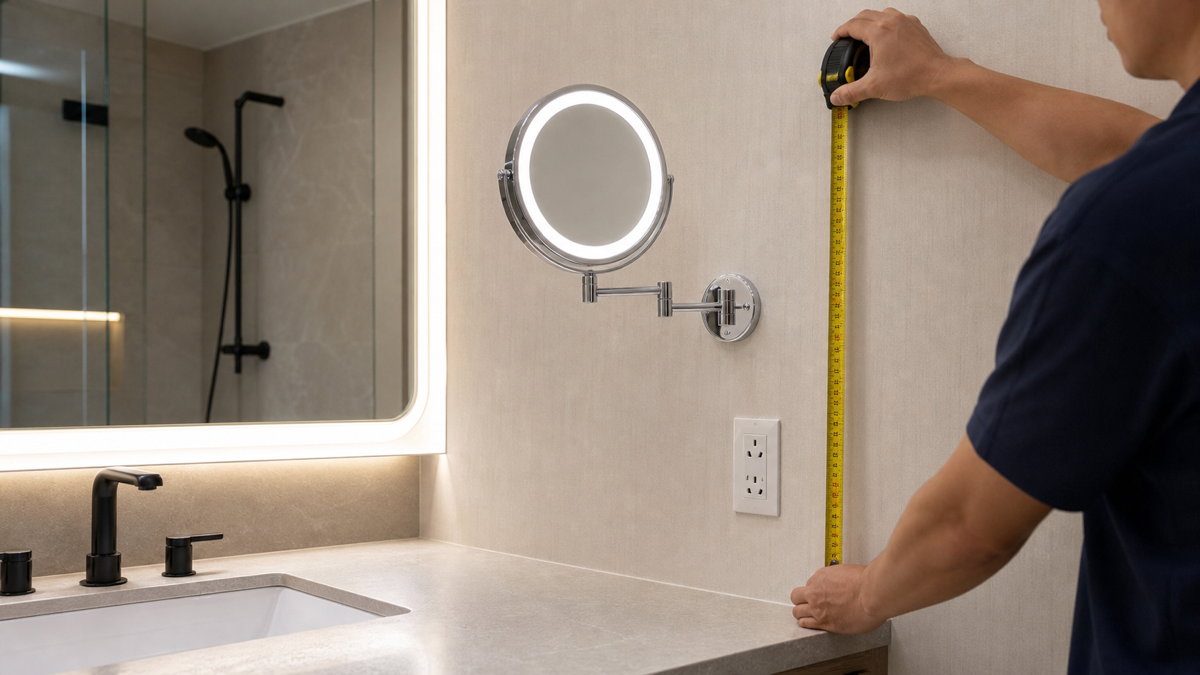 Installation planning for wall-mounted LED makeup mirrors in hotel bathrooms