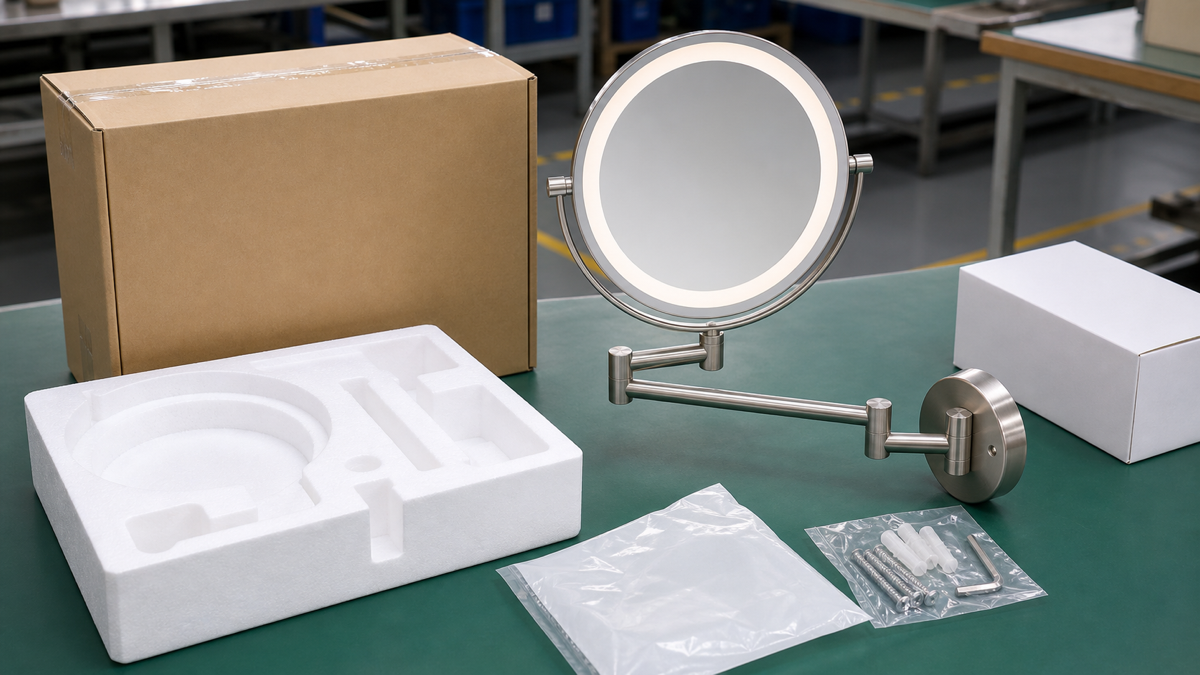 Packaging approval for wall-mounted LED makeup mirrors with foam insert and accessories