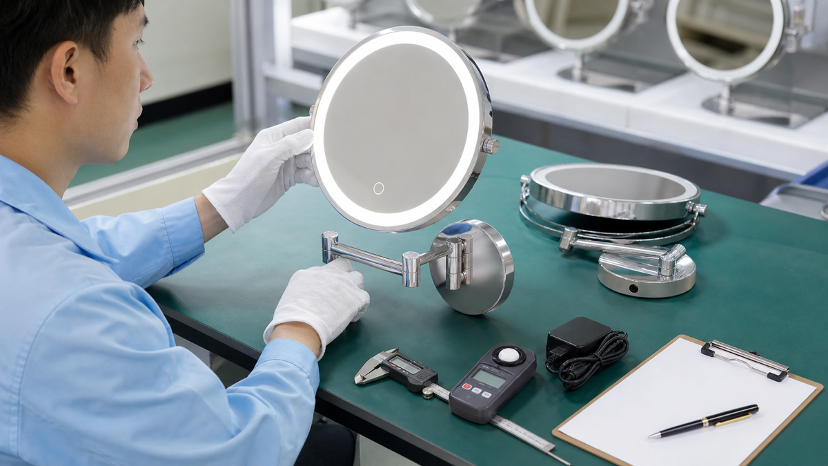 Factory QC bench for wall-mounted LED makeup mirror arm stability and lighting checks