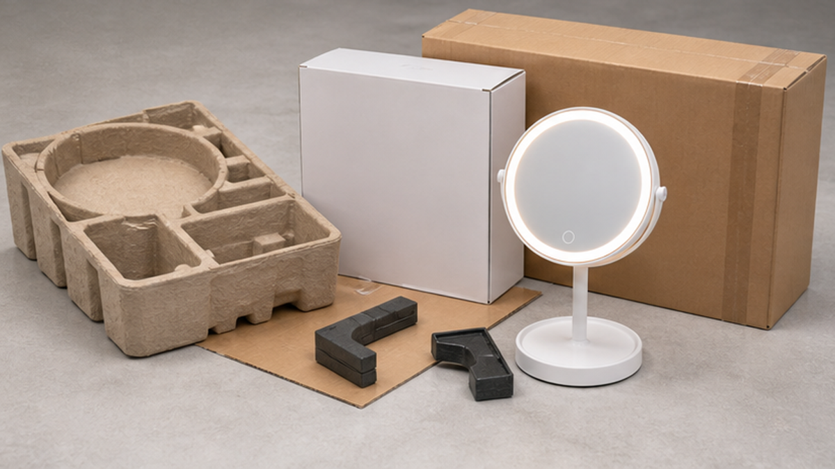 LED tabletop makeup mirror packaging approval with molded insert and carton protection