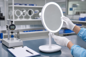 Complete LED tabletop makeup mirror hinge and stand stability inspection