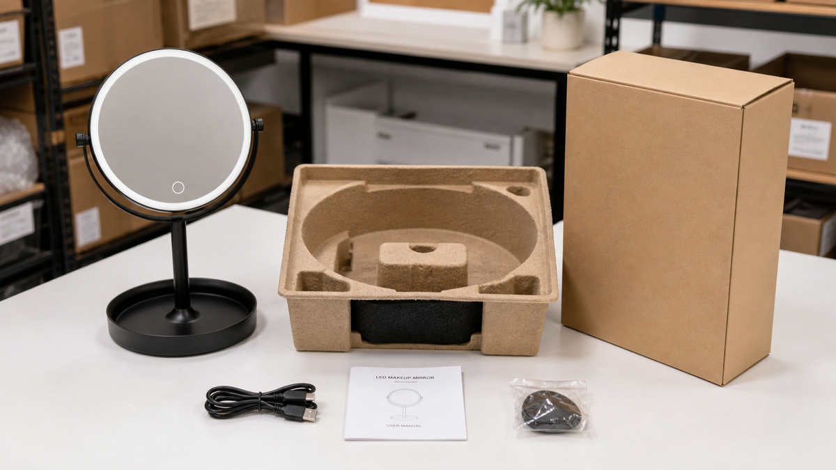 USB-C rechargeable LED makeup mirror packaging with insert, cable, manual, and carton