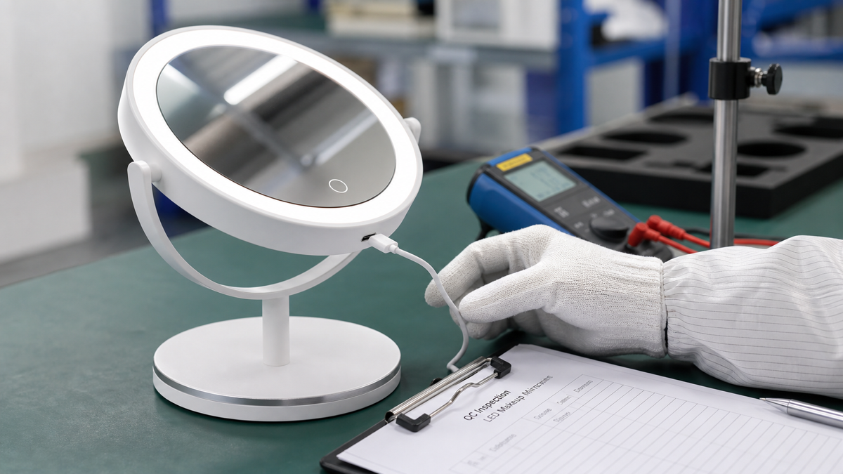 LED makeup mirror USB-C charging port durability inspection on QC bench