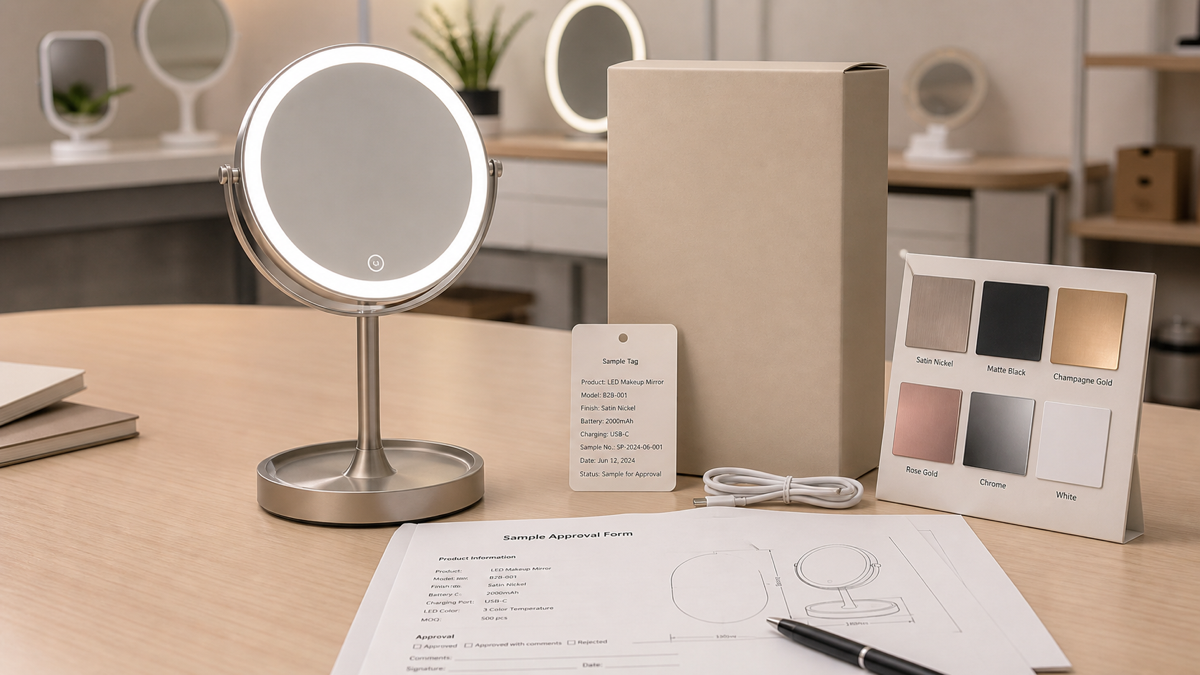 Private-label USB-C rechargeable LED makeup mirror sample approval with finish swatches and packaging