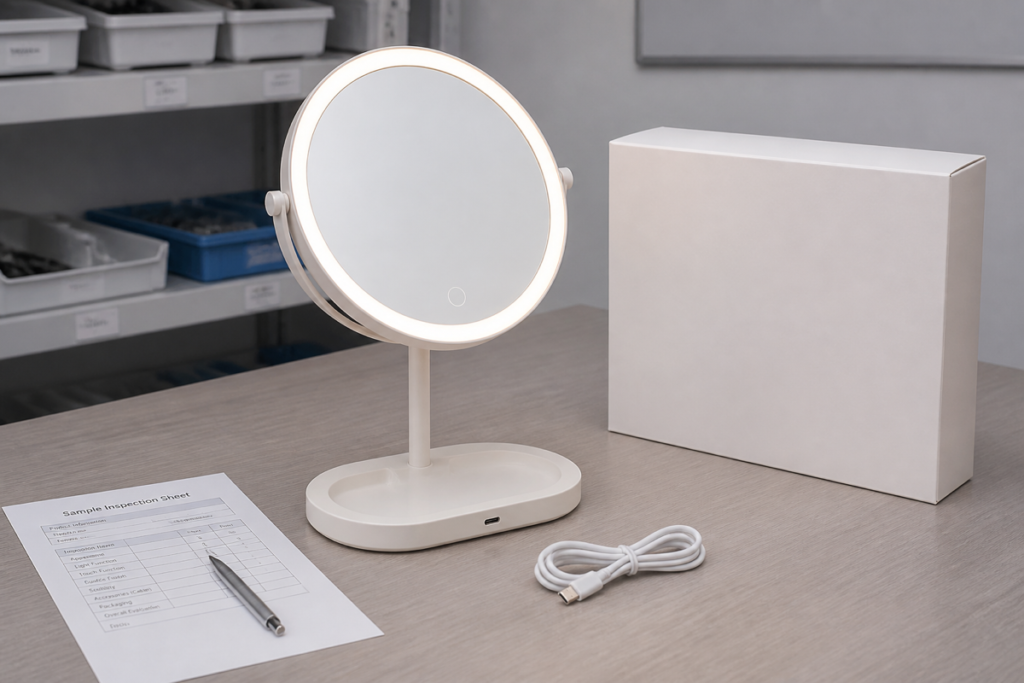Complete USB-C rechargeable LED makeup mirror charging dock sample approval scene