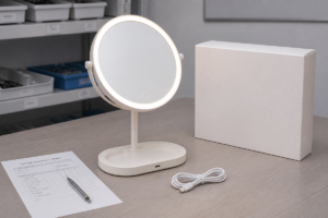 Complete USB-C rechargeable LED makeup mirror charging dock sample approval scene