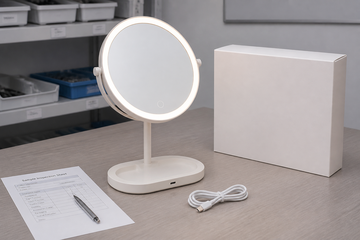 Complete USB-C rechargeable LED makeup mirror charging dock sample approval scene