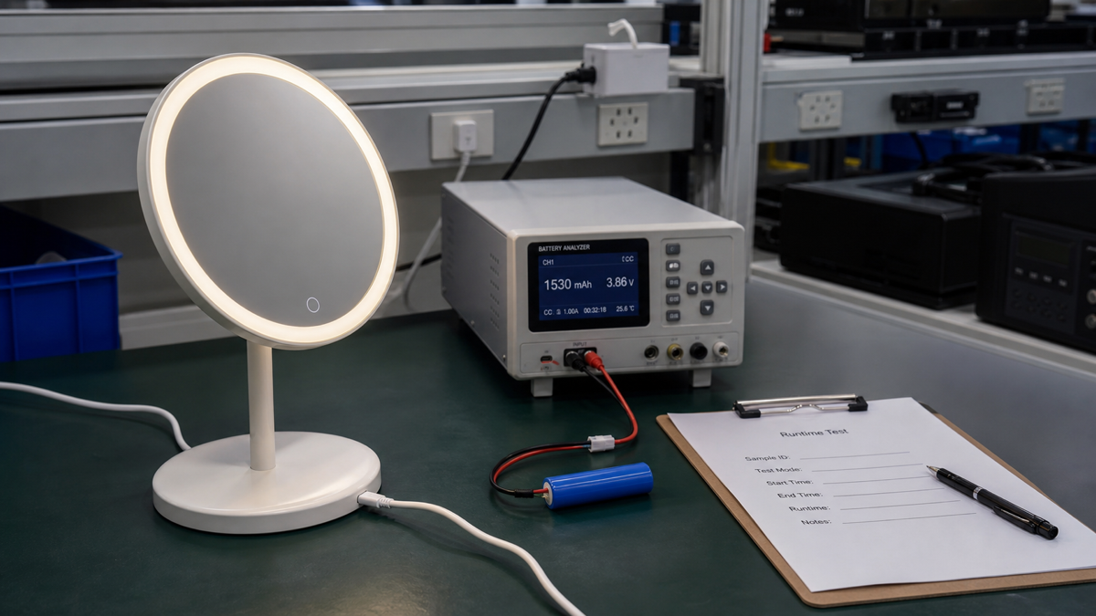 Rechargeable LED makeup mirror battery capacity verification on a QC bench