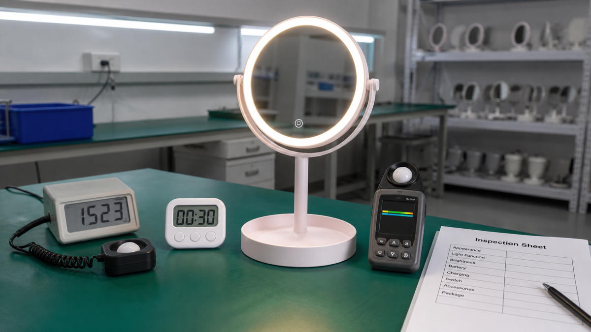 LED makeup mirror runtime and brightness consistency testing