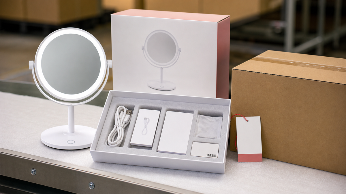 Rechargeable LED makeup mirror accessory and label control for e-commerce packaging approval